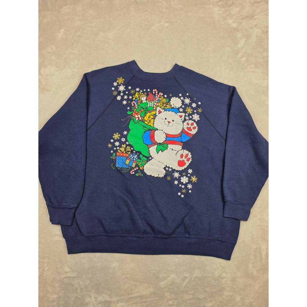 Vintage Tultex Sweatshirt Women 2X Blue Christmas Cat Graphic Made in USA